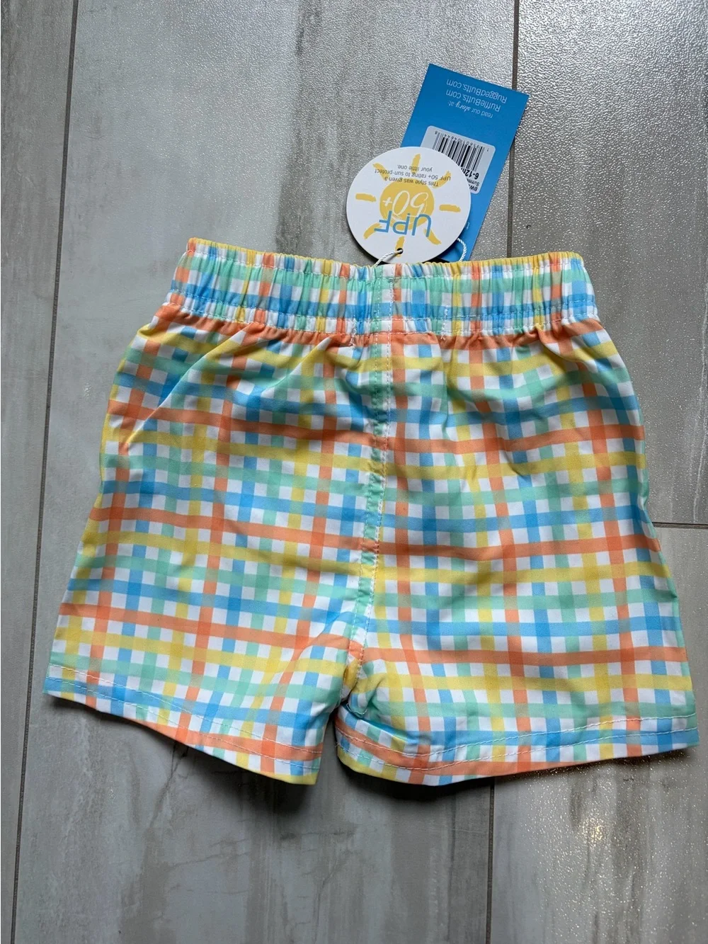NWT RuggedButts Colorful Summertime Gingham Pull-On Swim Trunks Boys 6-12M